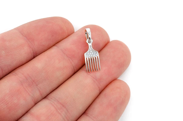 Hair Pick Comb Diamond Pendant 14k Solid Gold .05ctw