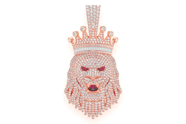 King Crown Lion Diamond Pendant 14k Solid Gold 6.75ctw