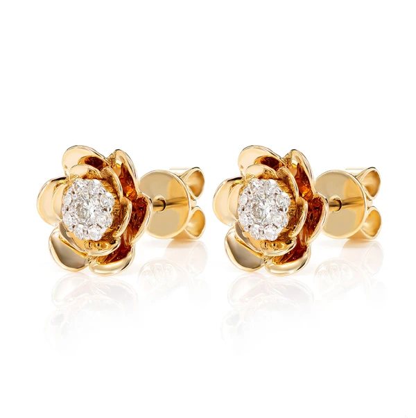 Bloomed Flower Diamond Cluster Stud Earrings 14k Solid Gold 0.15ctw