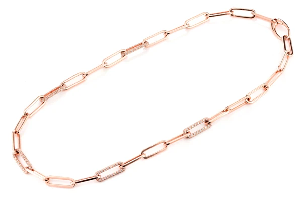 Alternating Elongated Diamond Rolo Link 17.5" Necklace 14k Solid Gold 3.00ctw