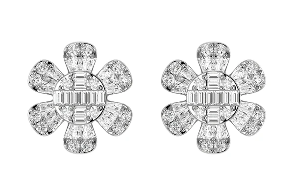 Floral Baguette & Round Diamond Stud Earrings 14k Solid Gold 0.50ctw