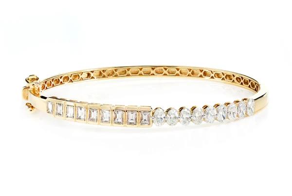 Bezel Set Baguette And Oval Diamond Bangle Bracelet 14k Solid Gold 1.85ctw 
