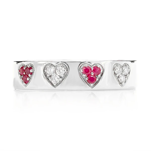 Ruby And Diamond Cluster Heart Band Ring 14k Solid Gold 0.12ctw