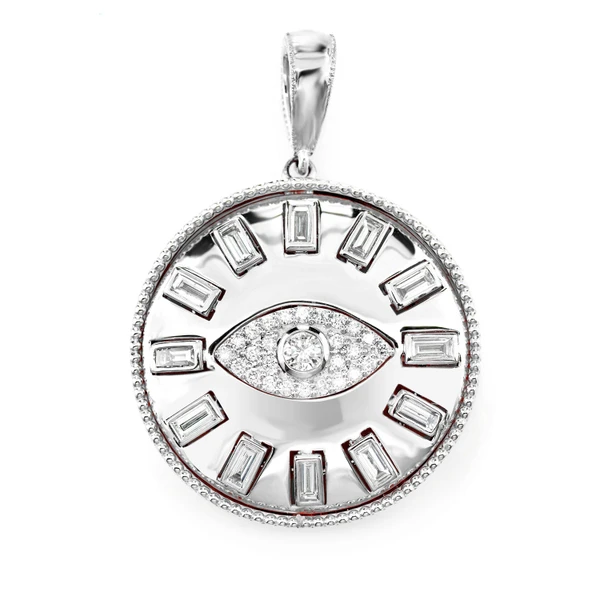 Evil Eye Baguette Diamond Medallion Pendant 14k Solid Gold 0.80ctw 