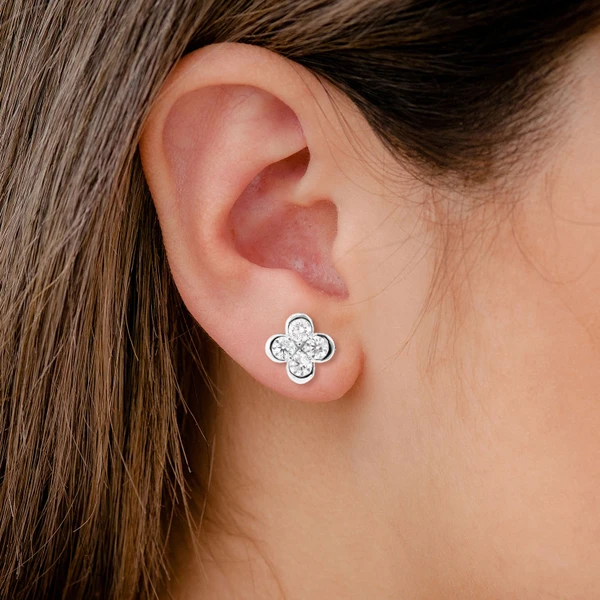 Diamond Bezel Clover Stud Earrings 14k Solid Gold 2.40ctw 