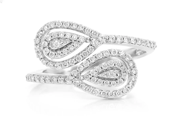 Double Halo Pear Diamond Ring 14k Solid Gold 0.35ctw