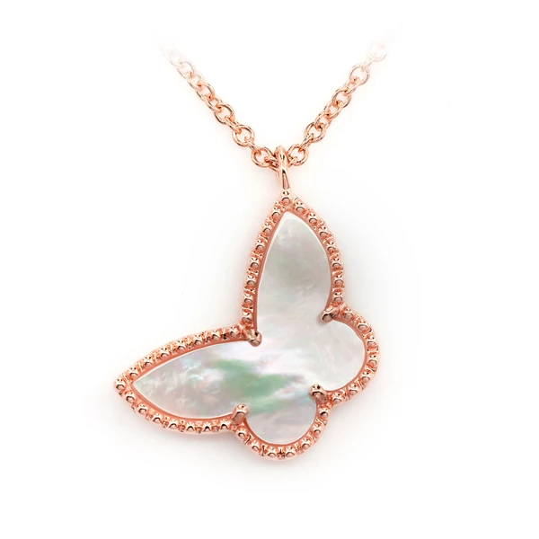 Mother Of Pearl Butterfly Pendant Attached Necklace 14k Solid Gold 