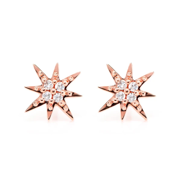 Diamond Shining Star Stud Earrings 14k Solid Gold 0.07ctw