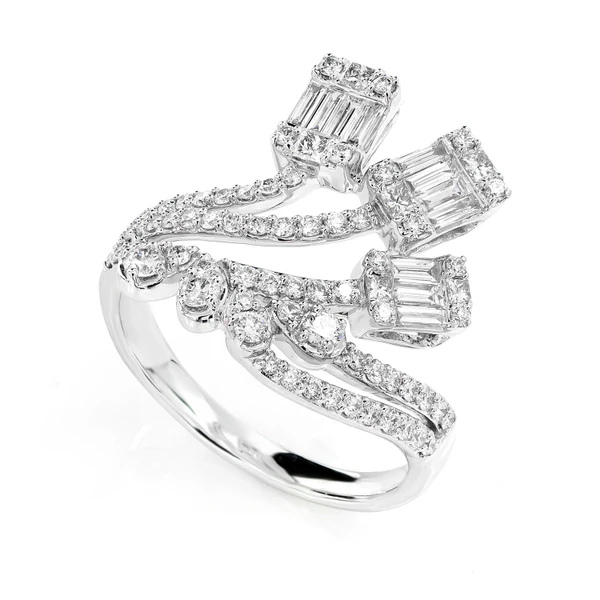 Diamond Baguette Cluster Wave Ring 14k Solid Gold 1.00ctw