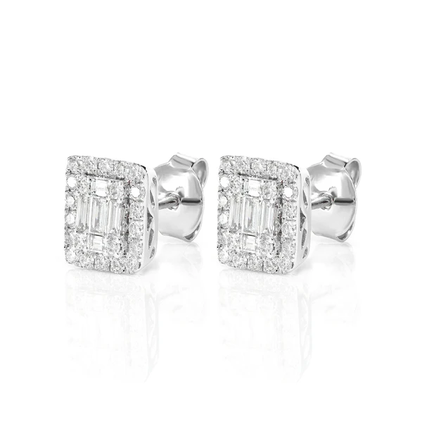 Halo Diamond Baguette Stud Earrings 14k Solid Gold 0.70ctw