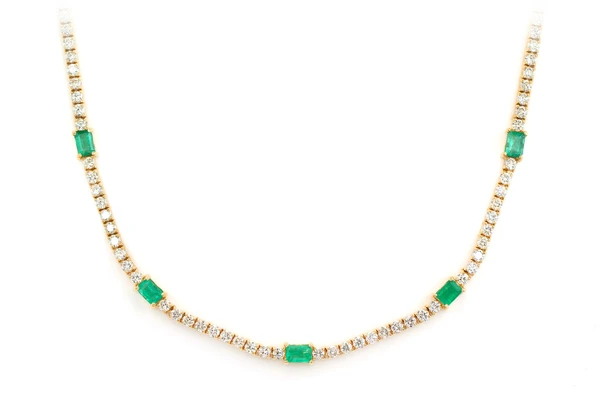 Diamond Tennis Necklace With Emerald Gemstones 14k Solid Gold 5.90ctw