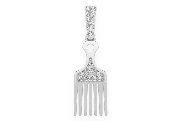 Hair Pick Comb Diamond Pendant 14k Solid Gold .05ctw