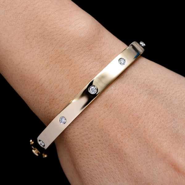 Diamond Gypsy Set Bangle Bracelet 14k Solid Gold 0.90ctw