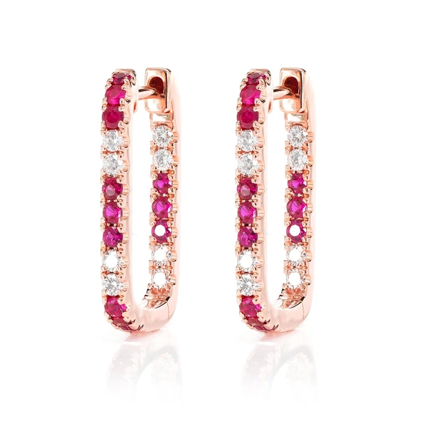 Ruby And Diamond Rectangle Huggie Hoop Earrings 14k Solid Gold 0.80ctw