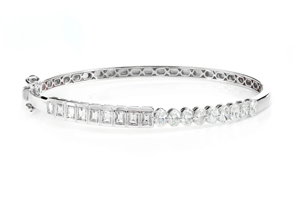 Bezel Set Baguette And Oval Diamond Bangle Bracelet 14k Solid Gold 1.85ctw 
