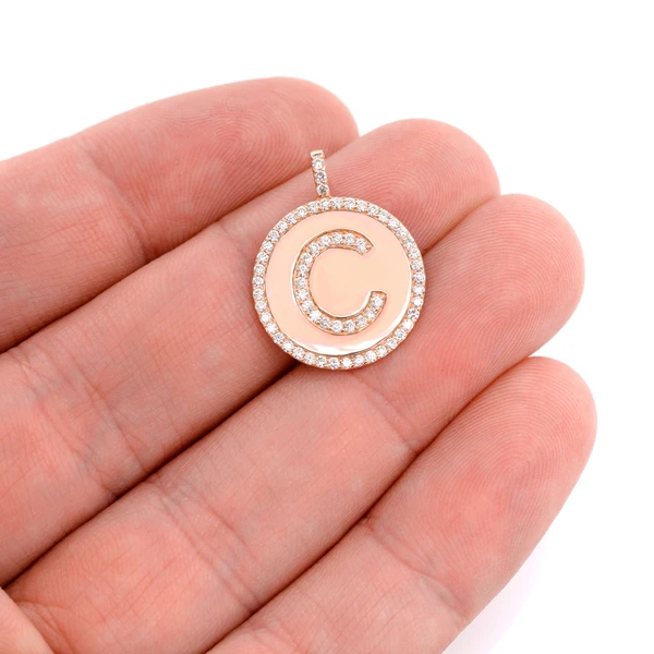 Diamond Cirlce Border Any Letter Disc Pendant 14k Solid Gold 0.50ctw