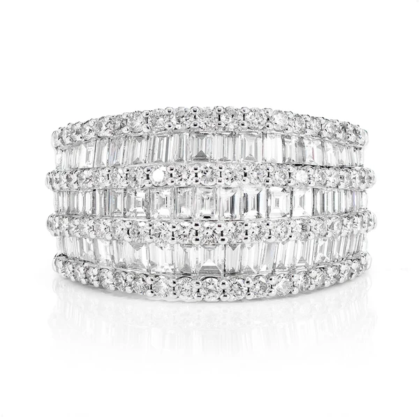Tapered Three Row Baguette And Round Diamond Ring 14k Solid Gold 2.35ctw 