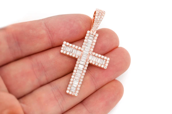 Baguette Cross Diamond Pendant 14k Solid Gold 4.00ctw