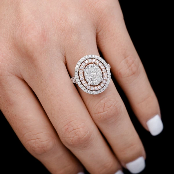 Oval Cluster Double Diamond Halo Ring 14k Solid Gold 1.50ctw