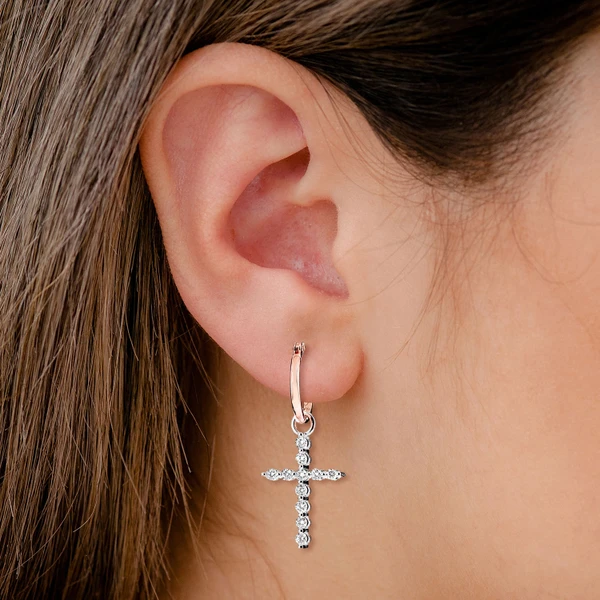 Plain Hoops Dangling Diamond Cross Earrings 14k Solid Gold 0.55ctw