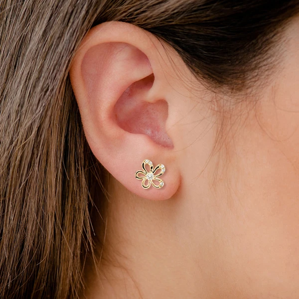 Irregular Flower Diamond Stud Earrings 14k Solid Gold 0.14ctw