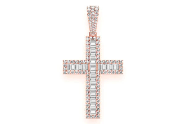 Baguette Cross Diamond Pendant 14k Solid Gold 4.00ctw