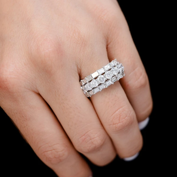 Three Row Baguette And Round Border Ring 14k Solid Gold 4.00ctw 