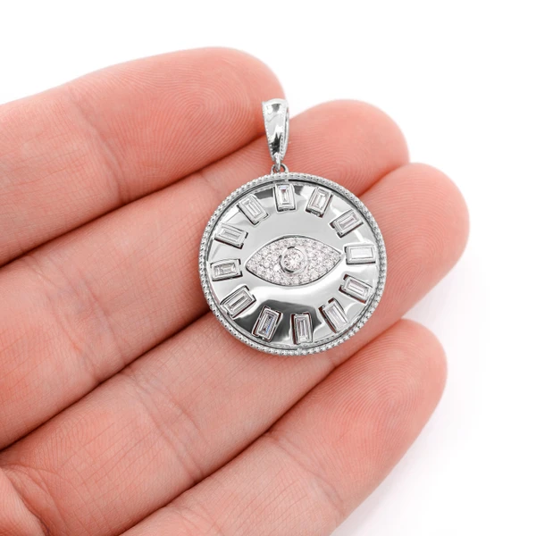 Evil Eye Baguette Diamond Medallion Pendant 14k Solid Gold 0.80ctw 