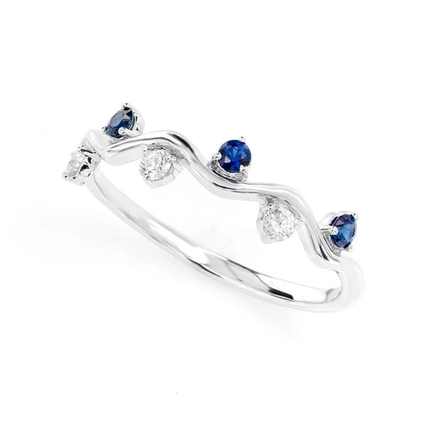 Blue Sapphire And Diamond Six Stone Vine Ring 14k Solid 0.25ctw