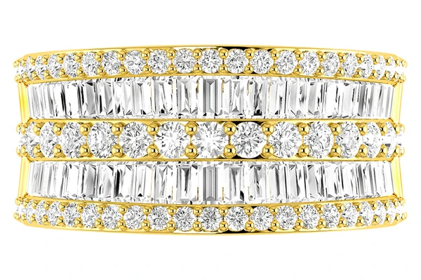 Round And Baguette Wide Diamond Band 14k Solid Gold 1.85ctw