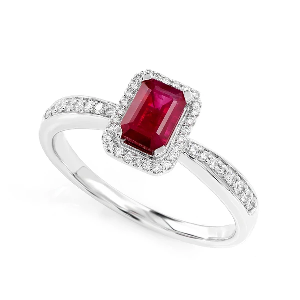 Emerald Cut Ruby Gemstone And Diamond Halo Ring 14k Solid Gold 0.87ctw