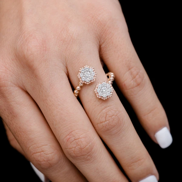 Hexagon Cluster Bypass Diamond Ring 14k Solid Gold 0.66ctw