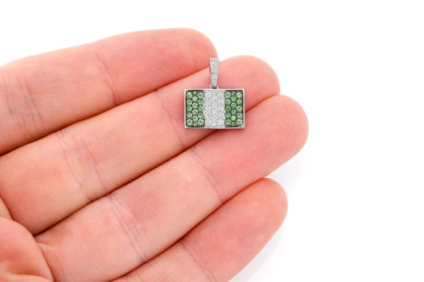 Nigeria Flag Emerald & Diamond Pendant 14k Solid Gold 0.75ctw