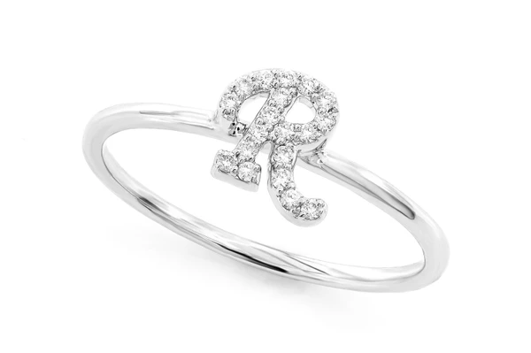 Cursive Letter R Diamond Ring 14k Solid Gold 0.05ctw