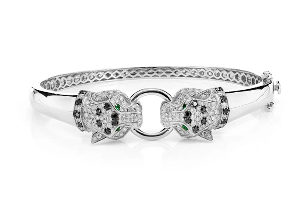 Dual Headed Leopard Diamond Cuff Bracelet 14k Solid Gold 0.80ctw