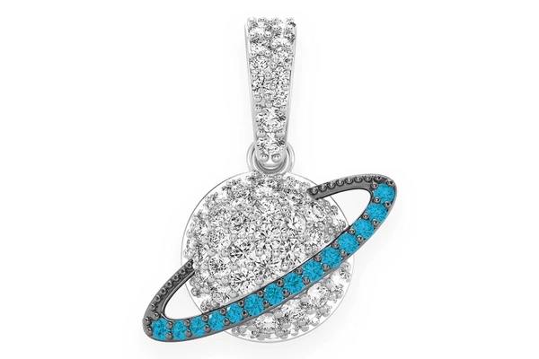 Blue Planet Saturn Diamond Pendant 14k Solid Gold 0.40ctw