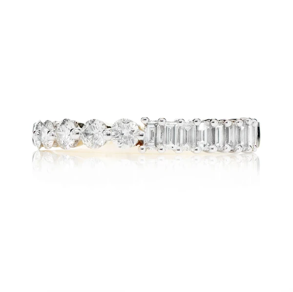 Single Row Half Baguette Half Round Diamond Ring 14k Solid Gold 0.90ctw