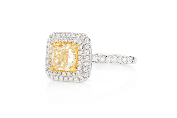 1.50ct Cushion Yellow Diamond Double Halo - Diamond Engagement Ring - All Natural