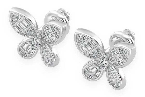Butterfly Baguette Stud Diamond Earrings 14k Solid Gold 0.65ctw