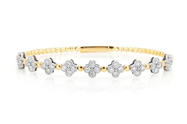 Beaded Millgrain Clover Diamond Bracelet 14k Solid Gold 1.65ctw