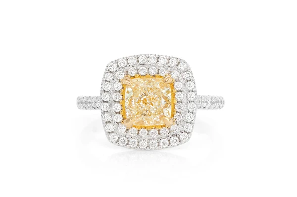 2.00ct Cushion Fancy Yellow Diamond Double Halo Diamond Ring 14k Solid Gold 