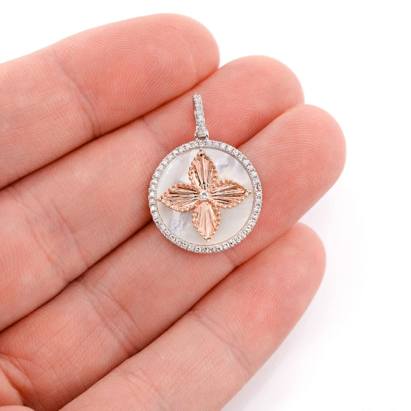 Mother Of Pearl And Diamond Four Petal Flower Disc Pendant 14k Solid Gold 3.71ctw