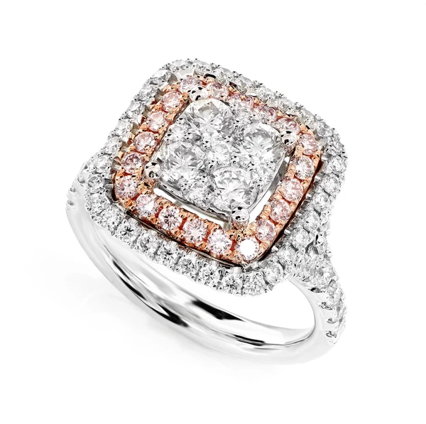 Double Halo White And Pink Diamond Engagement Ring - All Natural - 1.80ctw 