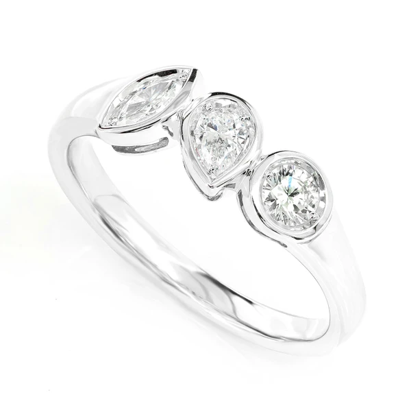 Multi Shape Diamond Bezel Trio Band Ring 14k Solid Gold 0.35ctw