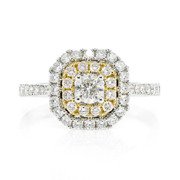 Geometric Double Halo Split Shank Diamond Ring 14k Solid Gold 0.95ctw