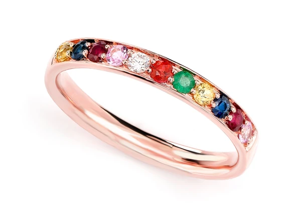 Multi-Colored Gemstone & Diamond Band 14k Solid Gold 0.30ctw