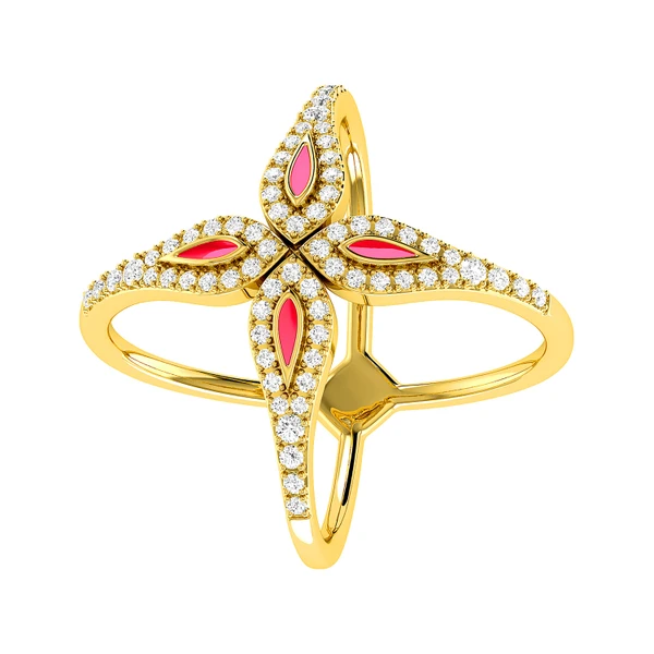 0.35ctw Criss-Cross Pink Enamel Diamond Ring - All Natural - 14k Solid Gold
