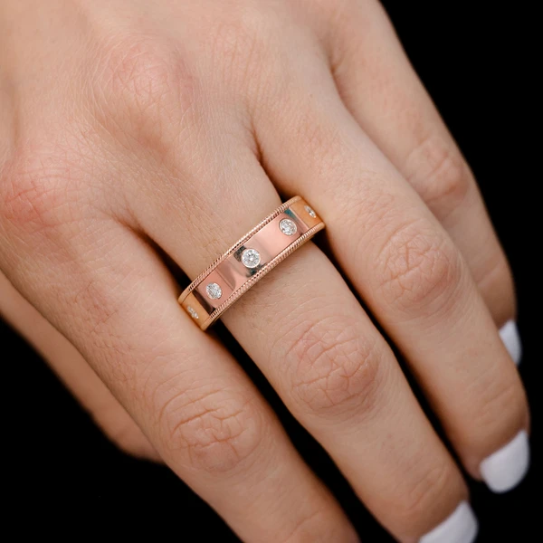 Border Detail Gypsy Set Diamond Band Ring 14k Solid Gold 0.45ctw