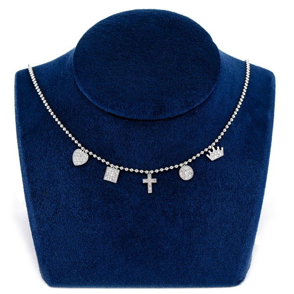Five Station Diamond Charm Dangle Station Bead Chain Necklace 14k Solid Gold 0.50ctw