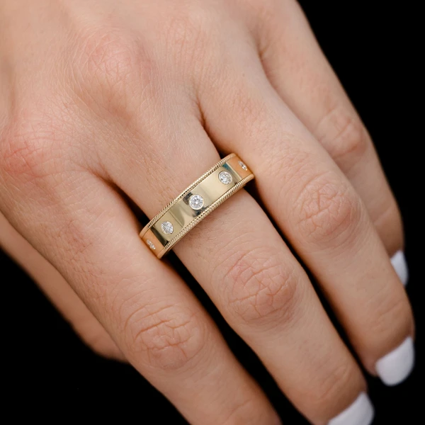 Border Detail Gypsy Set Diamond Band Ring 14k Solid Gold 0.45ctw